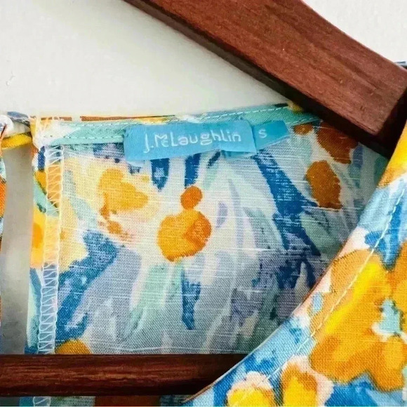 New J. McLaughlin Yellow Blue Floral Blouse Top Linen Blend - Picture 12 of 15